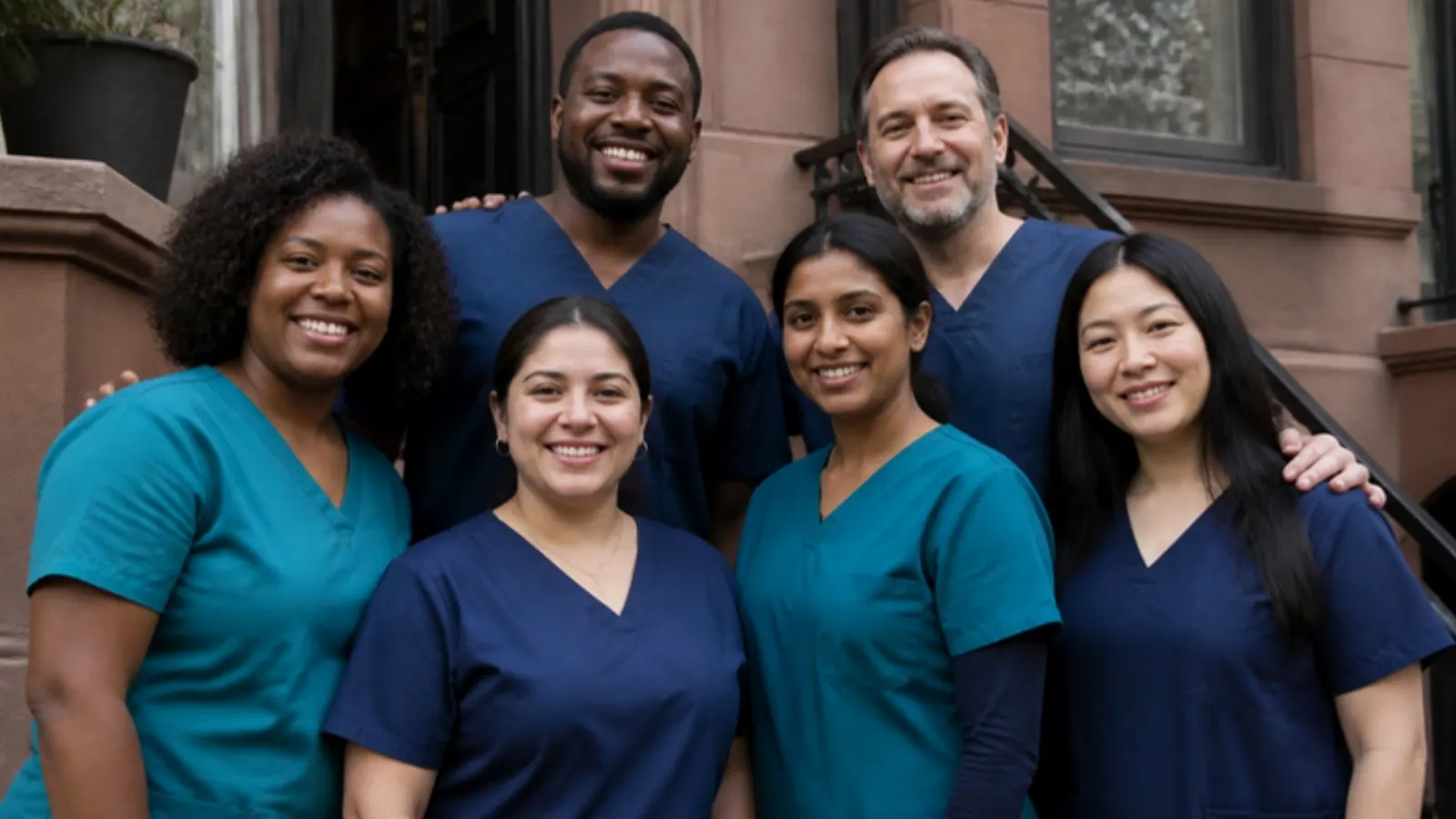Diverse team of nurses and home health aides standing together outside a New York brownstone