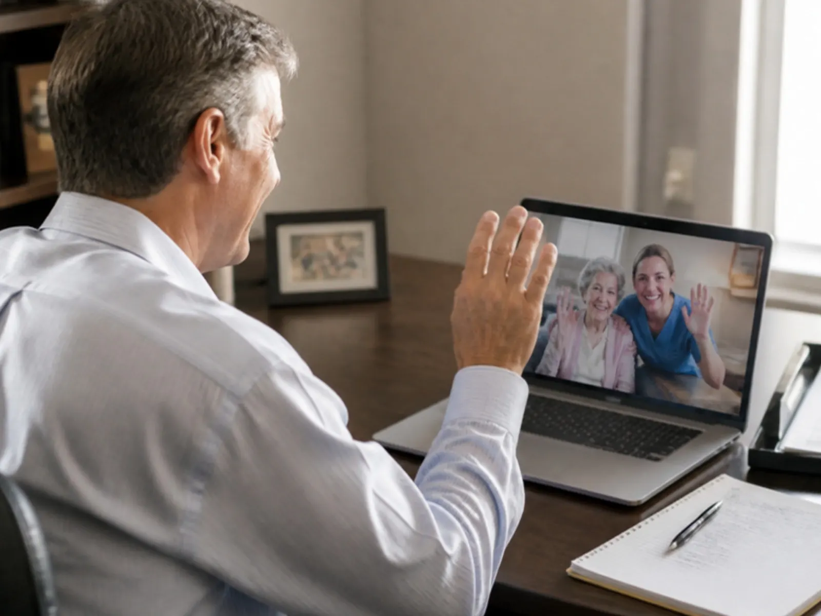 Adult son on a video call with his mother and her caregiver — remote family caregiving support