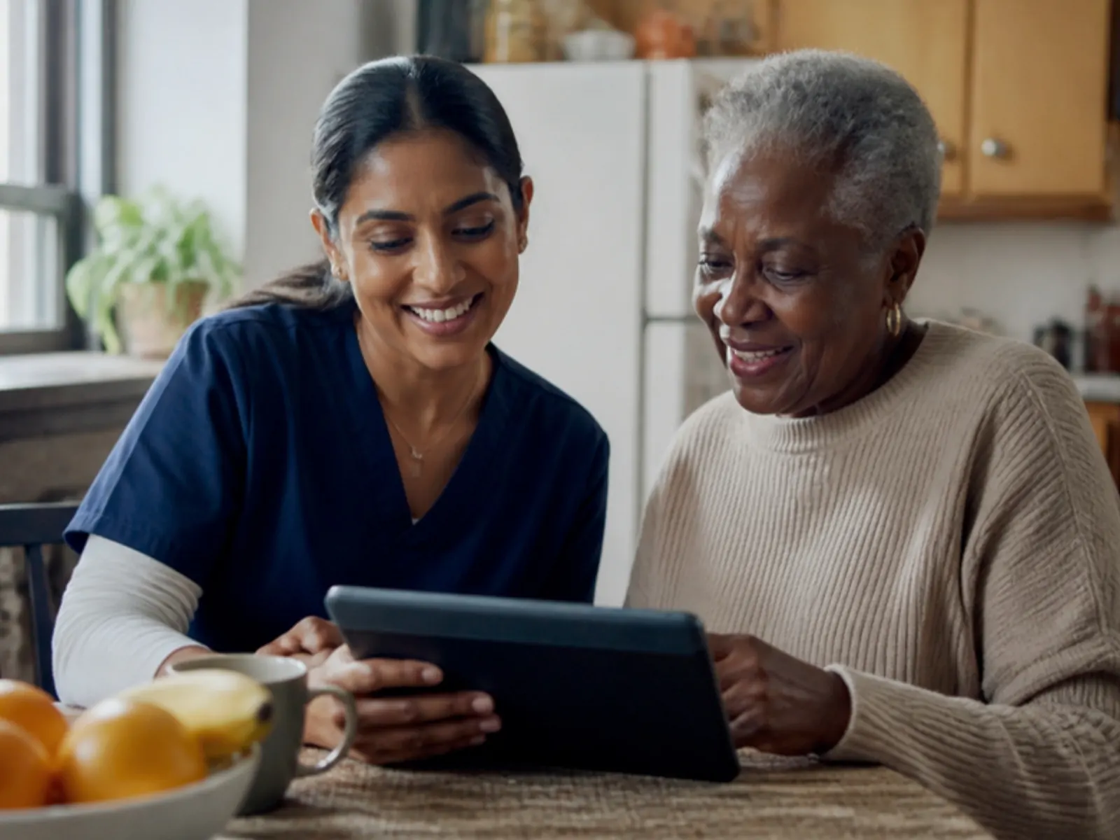 Registered nurse reviewing a personalized in-home care plan on a tablet with an elderly woman